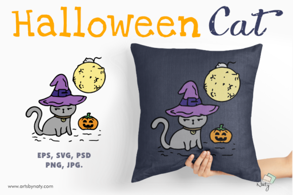 Funny Halloween Cat in a Witch Hat Graphics