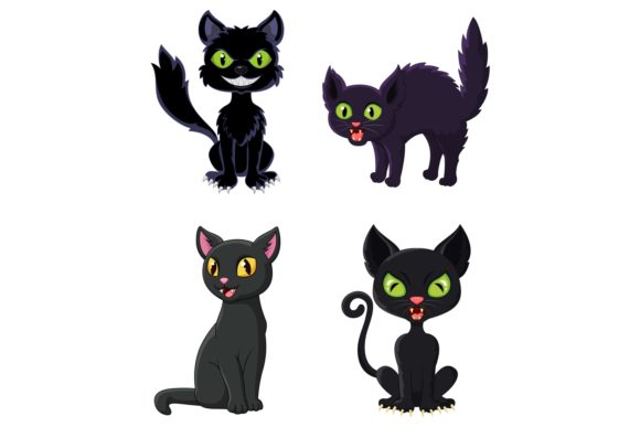 Set of Thirteen Cartoon Black Cats Graphics